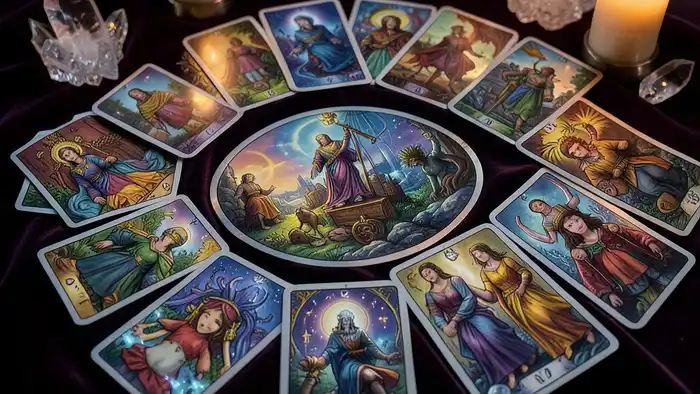 Расклад Солнце — схема из семи карт Таро в форме солнечного узора с центральной картой Солнце