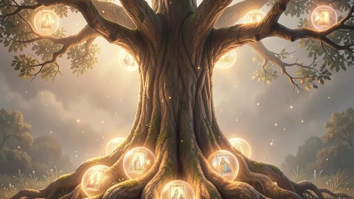 Расклад Таро 12 домов на семью: символическое дерево рода с 12 светящимися сферами, представляющими астрологические дома и карты Таро.