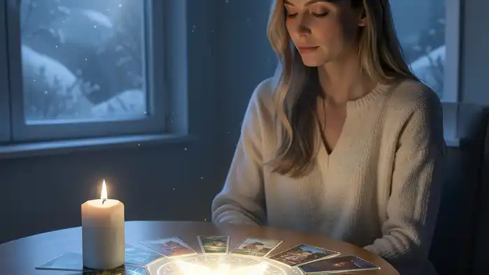 Расклад Таро "ангел-хранитель" на беременность — схема из семи позиций с картами и свечой