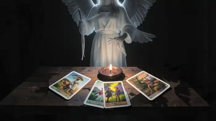 Расклад Таро "ангел-хранитель" на истинные намерения мужчины: семь карт, выложенные в позиции, с символическим ангелом-хранителем на заднем плане