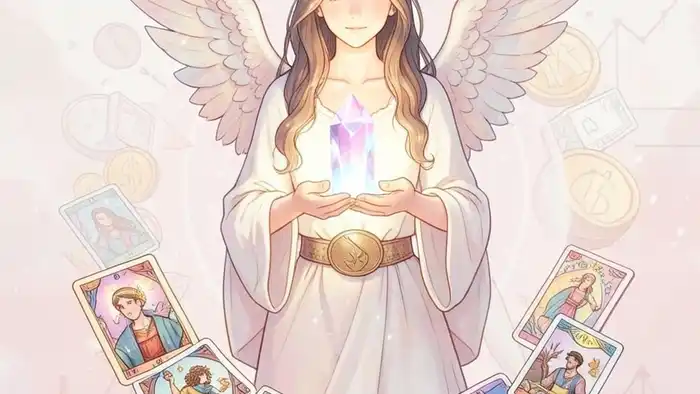 ангел‑хранитель карта Таро с кристаллом и финансовыми символами