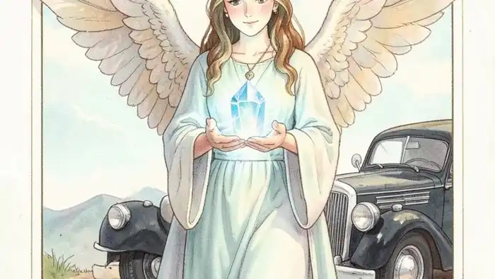 Расклад Таро «ангел-хранитель» на покупку машины – изображение ангела-хранителя с кристаллом и автомобилем