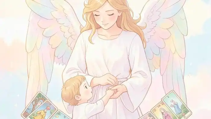 Расклад Таро «ангел‑хранитель» на внутреннего ребенка – изображение ангела, держащего руку ребёнка
