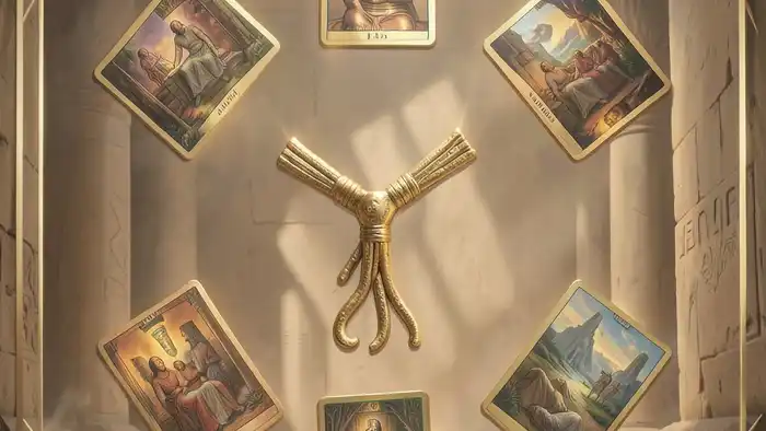 Расклад Таро "анкх" на нишу — схема из семи позиций с картами и символом анкх в центре