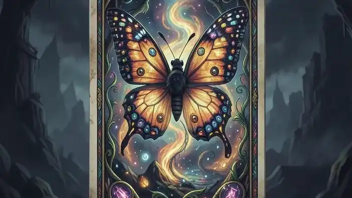 Расклад Таро "Бабочка" что будет дальше, изображенный как светящиеся карты в форме бабочки на фоне космической туманности.