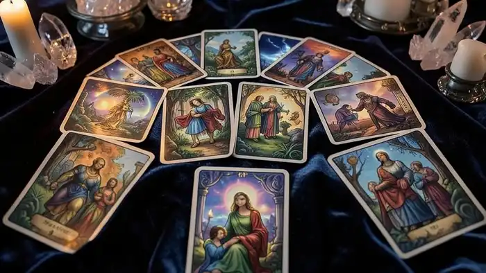 Расклад Таро "чаша" на чакры: семь карт, соответствующих энергетическим центрам тела, в круге света и чаше с водой