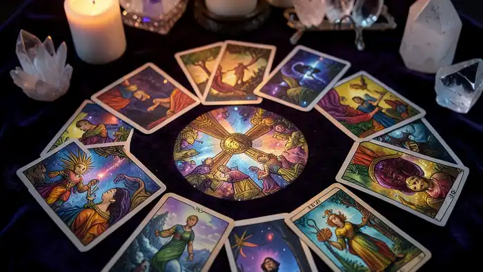 Расклад Таро "чаша" на эмиграцию: схема из семи карт, символизирующих мотивацию, страхи, ресурсы и кармическое наследие при переезде