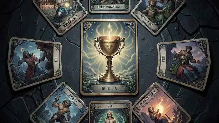 Расклад Таро «чаша» на карьерный кризис – карта Чаша в центре, символизирующая карьерные вызовы