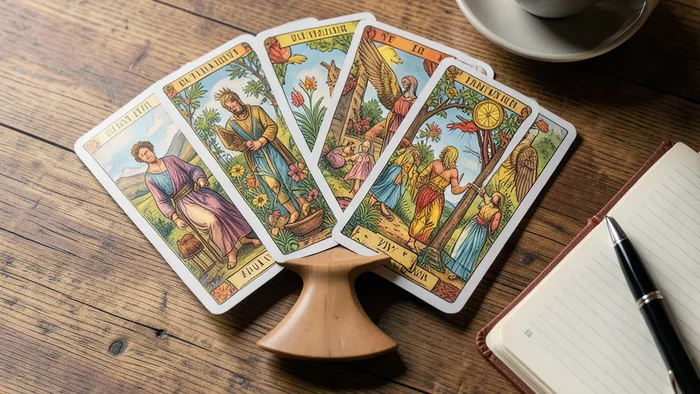 Расклад Таро Чаша на мечту: семь карт, выложенных в форме сосуда на деревянном столе