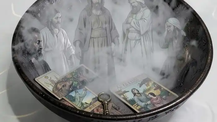 Расклад Таро "чаша" на наследство — символическая иллюстрация с картами и тенями семьи