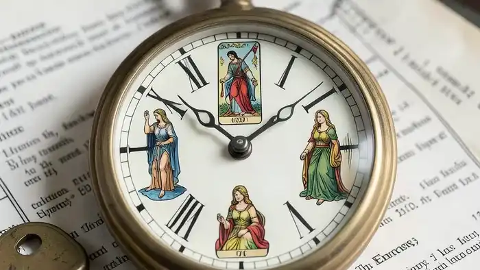 Расклад Таро Часы на крупную покупку - магические часы с картами таро вместо цифр на фоне финансовых символов