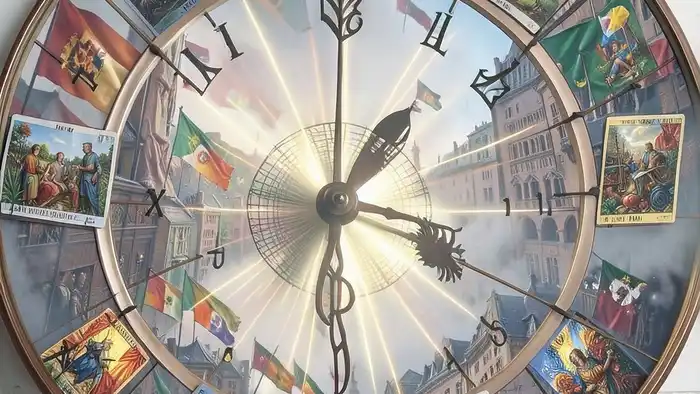 Расклад Таро "часы" на гражданство — схема 12 позиций с картами Таро, показывающая этапы получения нового статуса