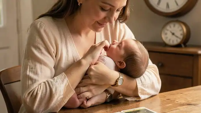 Расклад Таро часы на кормление грудью – изображение мамы, кормящей ребёнка, с колодой Таро и часами