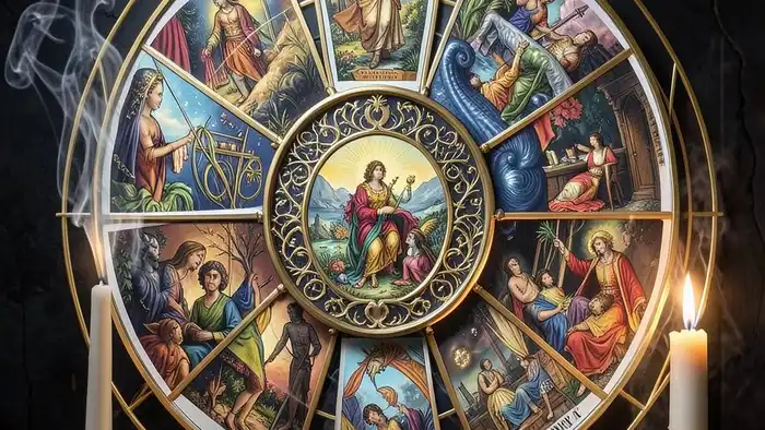 Расклад Таро "часы" на проклятие — схема из 12 позиций по кругу с центральной картой