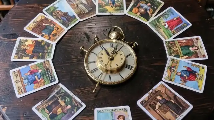 Расклад Таро "часы" на развод через суд — схема из 12 позиций с картами, символизирующими эмоциональные и юридические аспекты развода