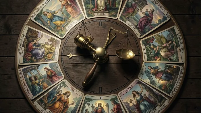 Расклад Таро Часы на судебный иск о деньгах: двенадцать карт по кругу с весами правосудия и молотком судьи в центре