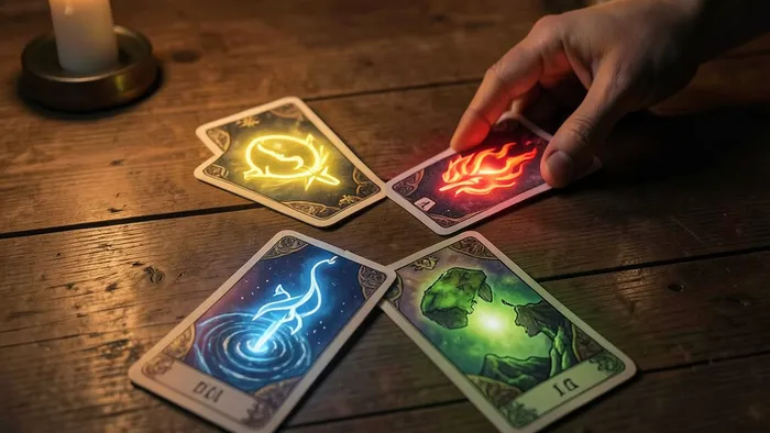 Расклад Таро Четыре стихии на день рождения — рука раскладывает четыре карты с символами стихий на деревянном столе