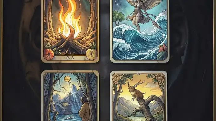 расклад Таро "четыре стихии" на финансовую подушку с картами Огонь, Вода, Воздух, Земля