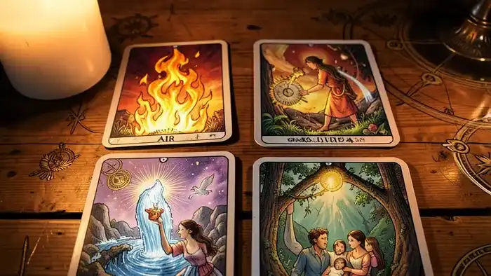 Расклад Таро «четыре стихии» на предложение руки – четыре карты, символизирующие Огонь, Воду, Воздух и Землю