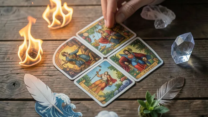 Расклад Таро Четыре стихии на замужество: карты, выложенные в форме креста с символами огня, воды, воздуха и земли.