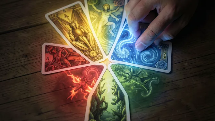 Расклад Таро Четыре стихии на зависимость от партнера - карты, выложенные в форме креста с подсветкой стихий