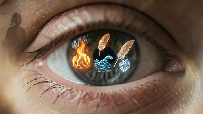 Расклад Таро Четыре стихии на зрение — глаз с отражением символов огня, воды, воздуха и земли