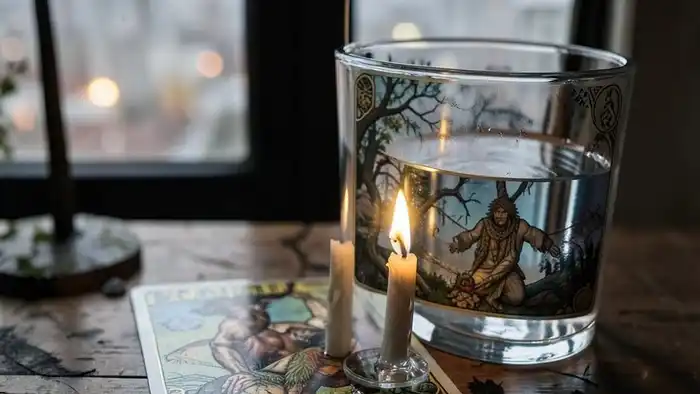 Расклад Таро "да или нет одна карта" на адаптацию в новом месте — карта Повешенный на столе с окном и свечой