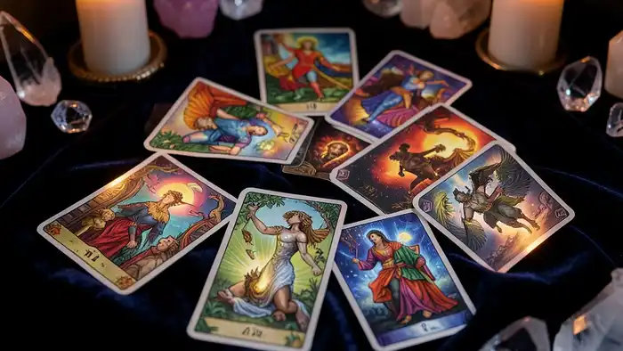 Расклад Таро "да или нет одна карта" на путешествие — одна карта Смерть на столе с чемоданом и дневником