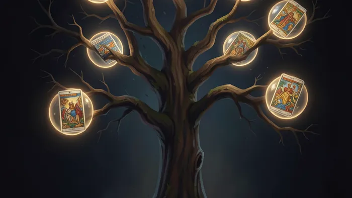 Расклад Таро «Дерево Жизни» — схема из 10 карт, расположенных на светящихся сферах мистического дерева на тёмном фоне