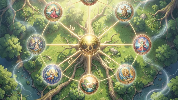 Расклад Таро Дерево жизни на земельный вопрос - схема Сефирот на фоне участка земли
