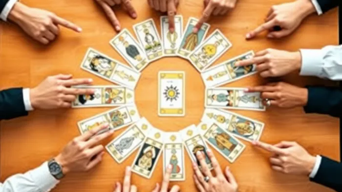 Расклад Таро для команды тимбилдинг: круг карт на столе, окруженный руками участников, символизирующий групповую работу и анализ.