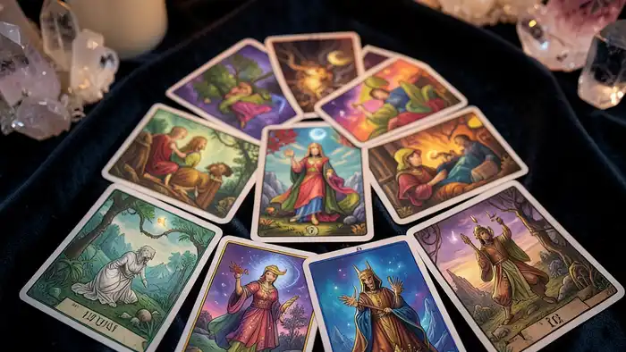 Расклад Таро "домино" на благодарность — восемь карт, выложенных в цепь, символизирующие поток признательности