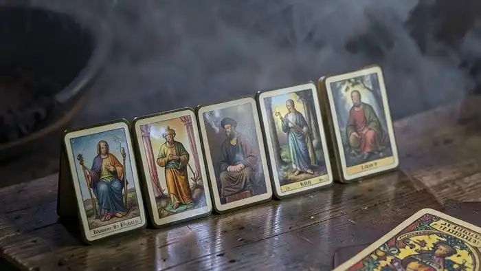 Расклад Таро "домино" на долголетие — семь карт в линию, символизирующие физическое здоровье, эмоции, карму, духовность, семью и предназначение