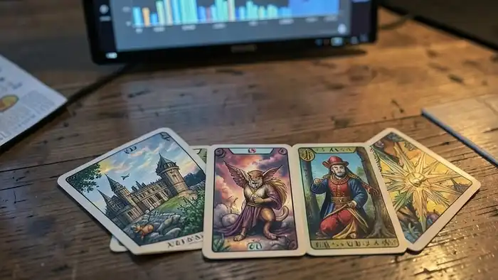 Расклад Таро "домино" на криптовалюту с семью картами: Башня, Сила, Дьявол, Звезда, Суд, Отшельник, Мировая