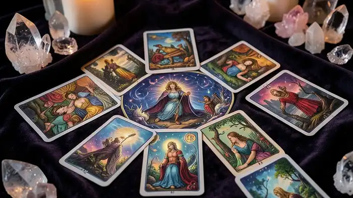 Расклад Таро "домино" на первую любовь — схема из девяти карт в линию, колода Райдера-Уэйта