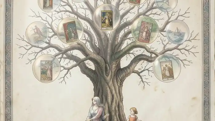 Расклад Таро "Древо Сефирот" на отношения с падчерицей — схема десяти Сефирот с картами Таро и энергетическими потоками между матерью и падчерицей