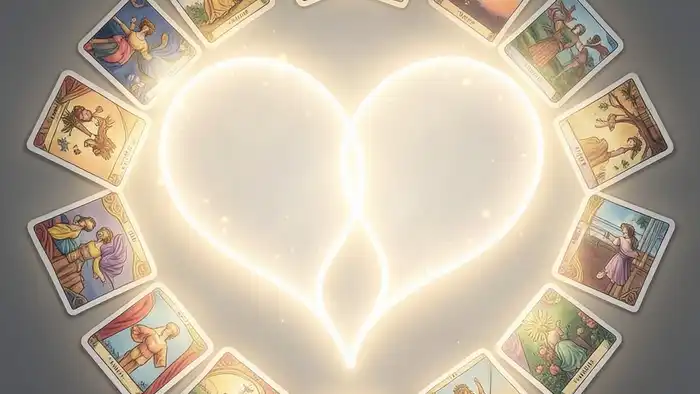 Расклад Таро «два сердца» на просветление – изображение двух светящихся сердцев, окружённых картами таро