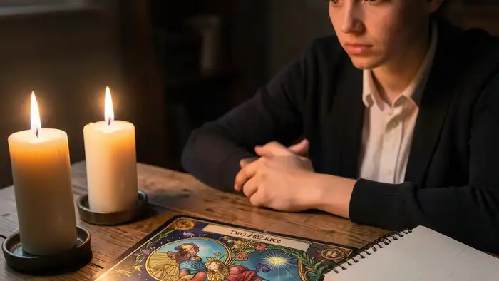 Расклад Таро два сердца на стажировку, изображение расклада с картами и свечами