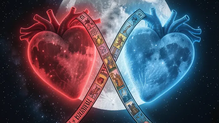Расклад Таро два сердца на затмение — два сердца и карты на фоне космического затмения