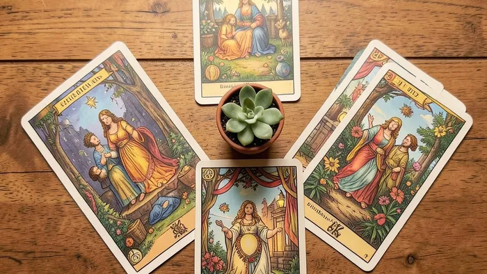 Расклад Таро Елочка на финансовую подушку — семь карт, выложенных треугольником на деревянном столе