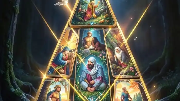 Расклад Таро "елочка" на призвание с семью картами в форме треугольника, показывающий путь от корня до вершины души