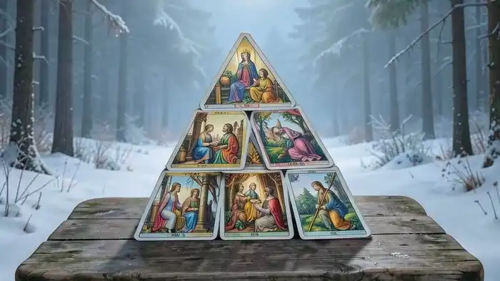 Расклад Таро "елочка" на возможности — схема из 9 карт в форме треугольника на снежной поляне