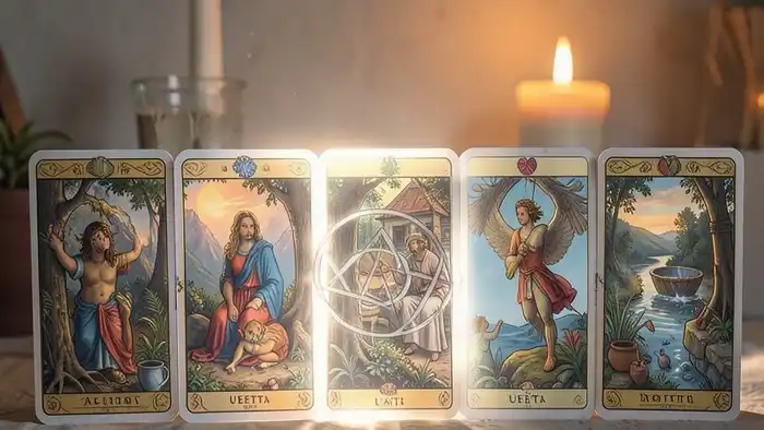 Расклад Таро "гексаграмма" хочет ли партнер детей — шесть карт в линии с символами гексаграммы