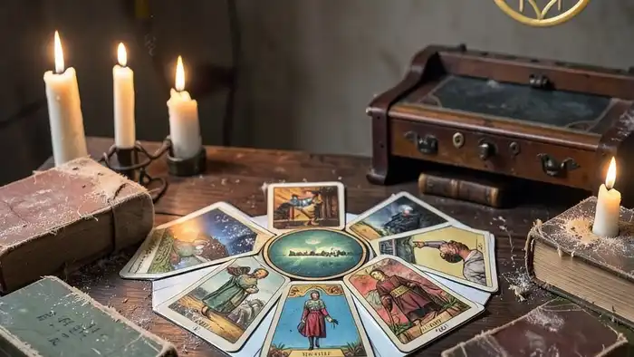 Расклад Таро "гексаграмма" на наследство — шесть карт, расположенные в шестиугольнике, символы Уэйта-Смит, фон — таинственная комната с наследственными предметами