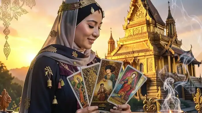Расклад Таро "гексаграмма" на Таиланд — шесть карт на земле перед золотым храмом с дымом ладана