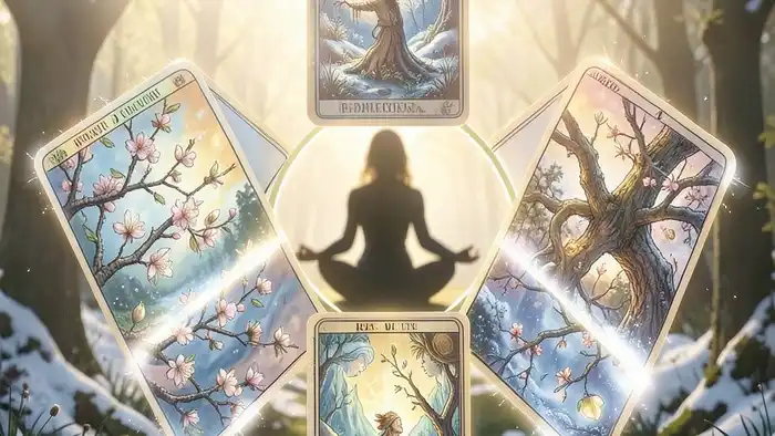Расклад Таро "гексаграмма" на весну — схема шести карт, расположенных по образу гексаграммы, с весенними элементами: цветущими ветвями, тающим снегом и золотым светом