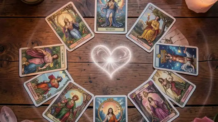 Расклад Таро годовой на 12 месяцев на приворот – карта в круге, свеча и кристалл розового кварца