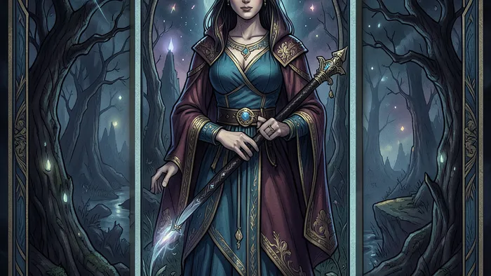 Расклад Таро годовой на 12 месяцев на ревность жены: женские руки держат карты Девять Мечей и Влюблённые на фоне календаря.