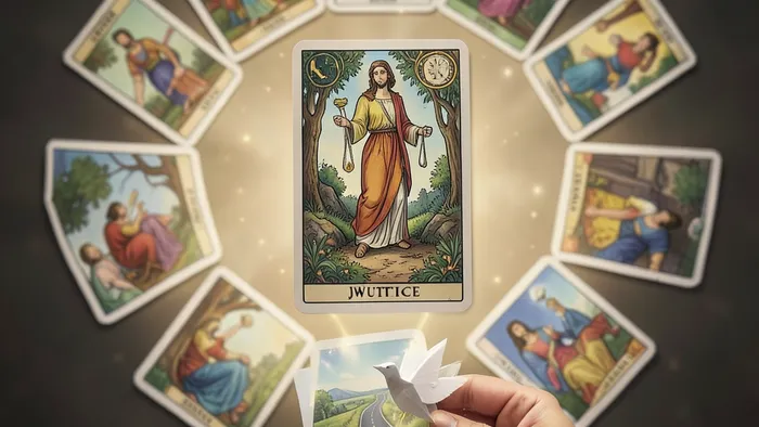 Расклад Таро Годовой на 12 месяцев на штраф: схема карт в виде циферблата вокруг карты Справедливость