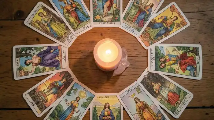 Расклад Таро «Годовой на 12 месяцев» на знакомство — схема из 12 карт, выложенных по кругу на деревянном столе
